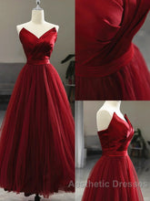 Wine Red Tea Length Tulle V-Neckline Evening Prom Dresses, Wine Red Tulle Party Dresses